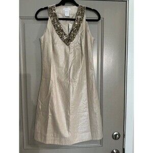 Worthington Gold Foil Shimmery Sleeveless Dress Embellished Linen Sz 4 NWT ***